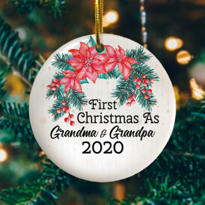 Alternative view of First Christmas as Grandparents Announcing Pregnancy 2020 Christmas Ornament - Circle Ornament