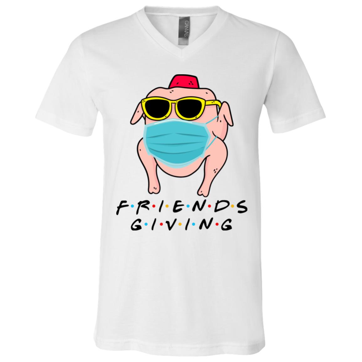 Friendsgiving 2020 Funny Thanksgiving Friends T-shirt - V-neck - Funny Quarantine Turkey Wearing Mask Shirt, White, V-Neck T-Shirt
