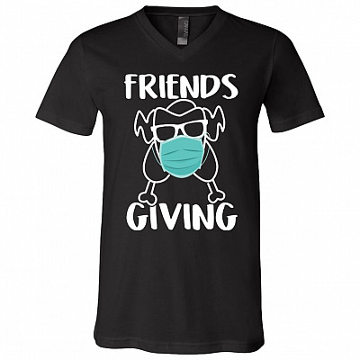 Friendsgiving Turkey Wearing Face Mask Funny Quarantined Thanksgiving 2020 T-Shirt - V Neck, Black, V-Neck T-Shirt