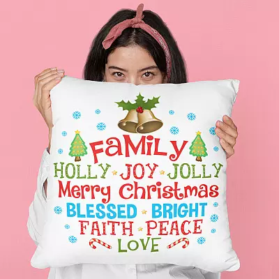 Alternative view of Family Have A Holly Joy Jolly Merry Christmas Bless Bright Faith Peace Love Throw Pillow - Holiday Home Decor