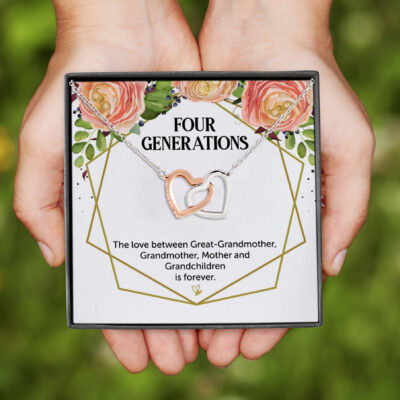 Four Generations Love Thoughtful Quotes Mothers Day Gift Interlocking Heart Pendant Necklace