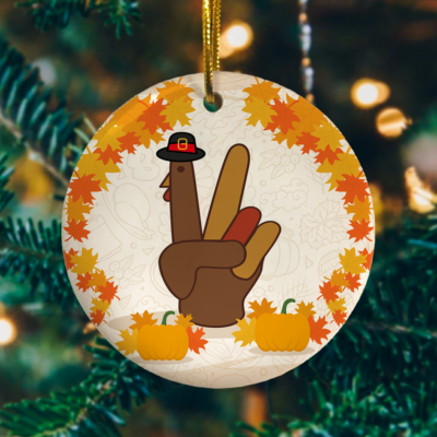 Alternative view of Funny Turkey Hand Sign Thanksgiving Autumn Pumpkin Decorative Christmas Ornament-Holiday Flat Circle Ornament