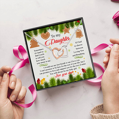 Dad To Daughter Sometimes It's Hard To Find Words To Tell You Christmas Interlocking Hearts Pendant Necklace