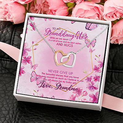 To My Granddaughter While We Are Apart You Will Always Be My Baby Girl Grandma Interlocking Hearts Pendant Necklace