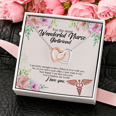 Alternative view of For The Most Wonderful Nurse Girlfriend You Complete My World I Love You Interlocking Hearts Pendant Necklace