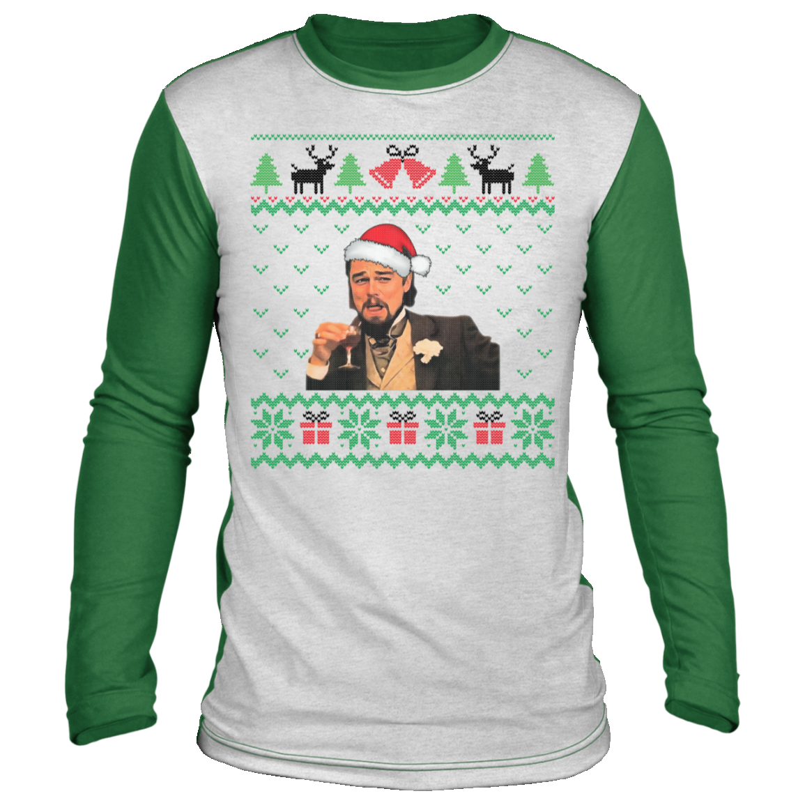 Leonardo DiCaprio Wearing Santa Claus Hat Funny Ugly Christmas Sweater Long Sleeve, White/Green,