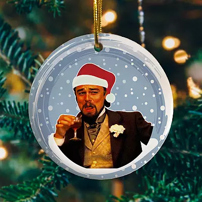Alternative view of Leo Laughing Meme Funny Decorative Christmas Ornament Keepsake - Holiday Flat Circle Ornament