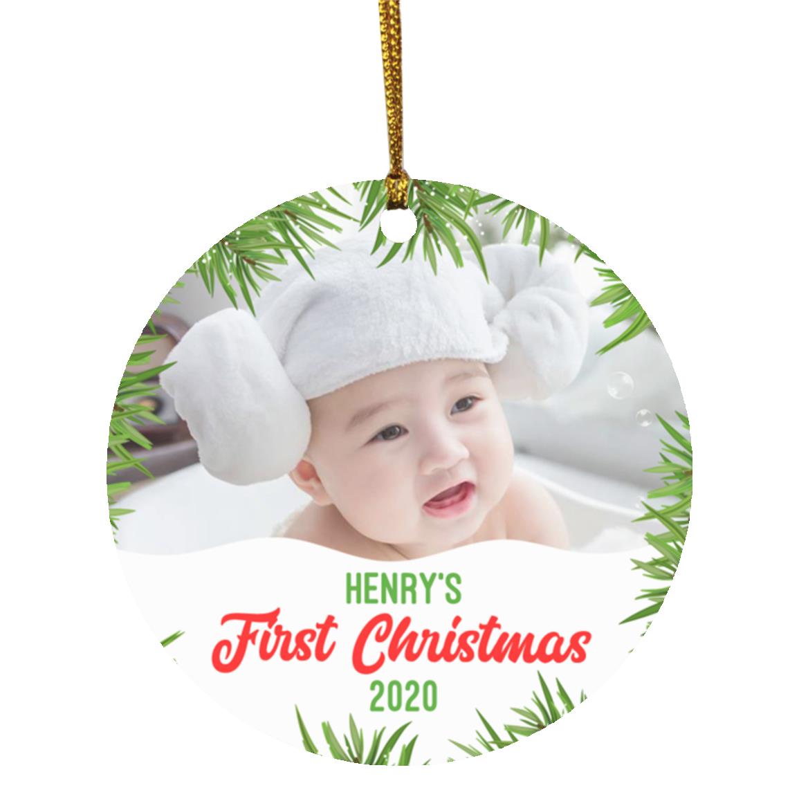 Personalized Photo Baby's First Christmas Image, White, Circle Ornament