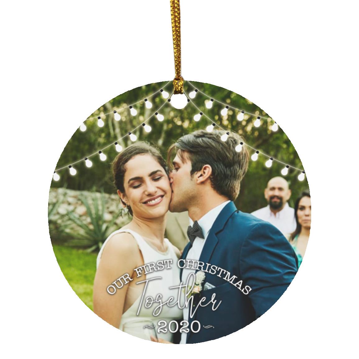 Personalized Photo Our First Christmas, White, Circle Ornament