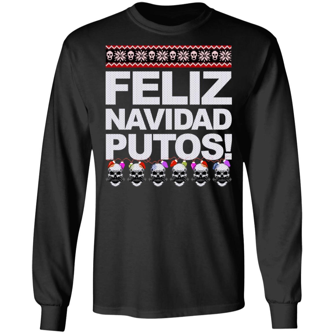 Feliz Navidad Putos Ugly Christmas Sweater, Black, Long Sleeve