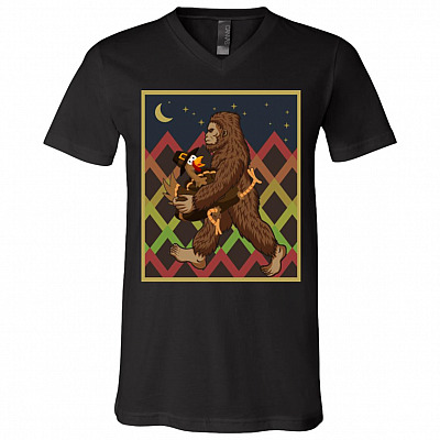 29TR. bigfoot stole turkey (4) Bigfoot Stole Turkey Funny Sasquatch Thanksgiving T-Shirt - V Neck, Black, V-Neck T-Shirt