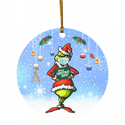 Merry Christmas 2020 Holiday Ornament - Santa Green Character Wearing Ma-sk Christmas Ornament - Xmas Gifts, White, Circle Ornament