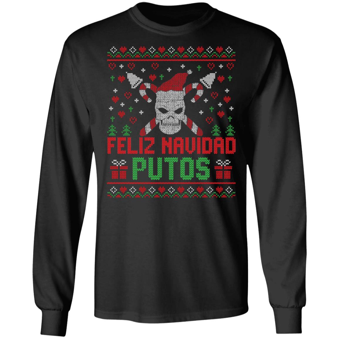 Feliz Navidad Putos Skull Ugly Christmas Sweater Hoodie Sweatshirt - Merry Christmas Skull Fu-cking T-Shirt, Black, Long Sleeve