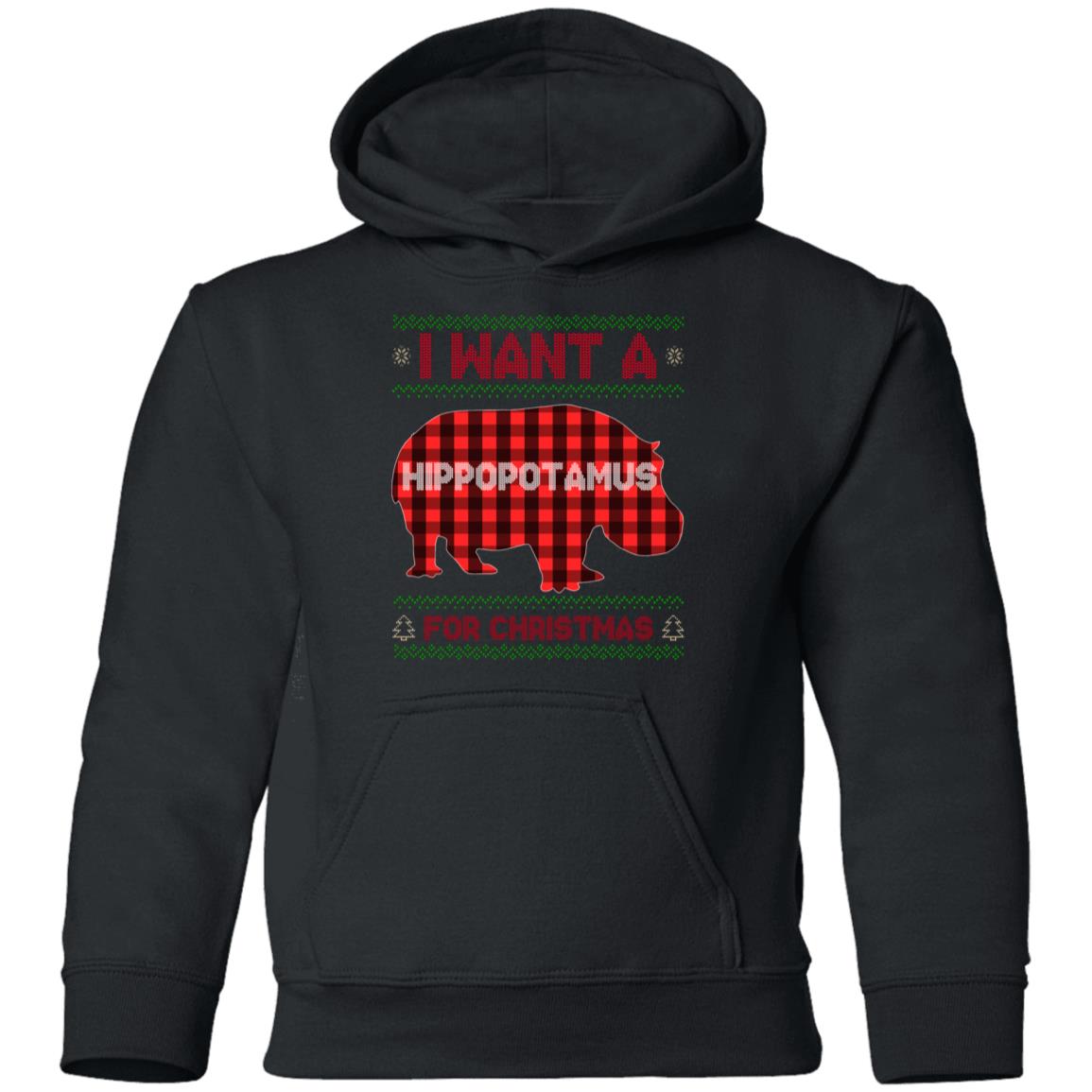 I Want A Hippopotamus For Christmas Ugly Youth Hoodie - Sweatshirt - Long Sleeve Shirt - Hippo Lover Ugly Sweatshirt, Black, Youth Hoodie