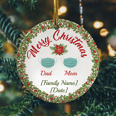 Personalized Face Masks Family Christmas Ornament - Merry Christmas Mom Dad Quarantine Circle Ornament