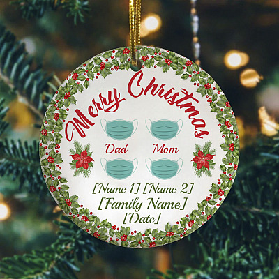 Alternative view of Personalized Four Face Masks Family Christmas Ornament - Merry Christmas Mom Dad Quarantine Circle Ornament