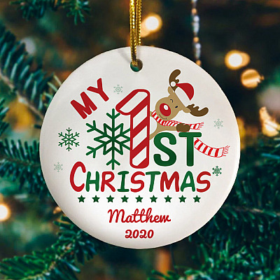 Personalized Baby First Christmas Reindeer Winter Snowflake Cute Ornament Keepsake - Holiday Ornament