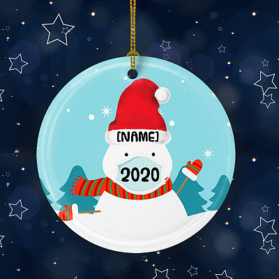 Alternative view of Personalized Snowman Wearing Mask Funny Quarantine Pandemic Christmas 2020 Holiday Circle Ornament