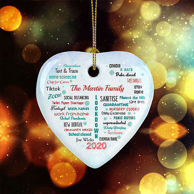Alternative view of Personalized Family Name Pandemic Quarantine 2020 Christmas Flat Holiday Heart Ornament Keepsake
