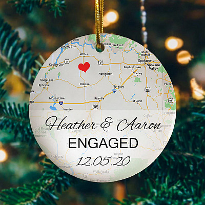 Personalized Photo Engaged Map - First Christmas Engaged Holiday Flat Circle Ornament Anniversary Gift