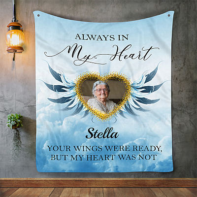 Alternative view of Always In My Heart Personalized Photo Name Memorial Blanket - Angel Wings Custom Image With Name Blanket
