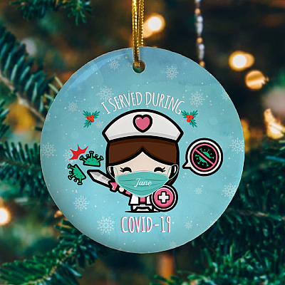 Alternative view of Personalized Nurse I Served During Covid Quarantine Pandemic Flat Holiday Circle Ornament Keepsake