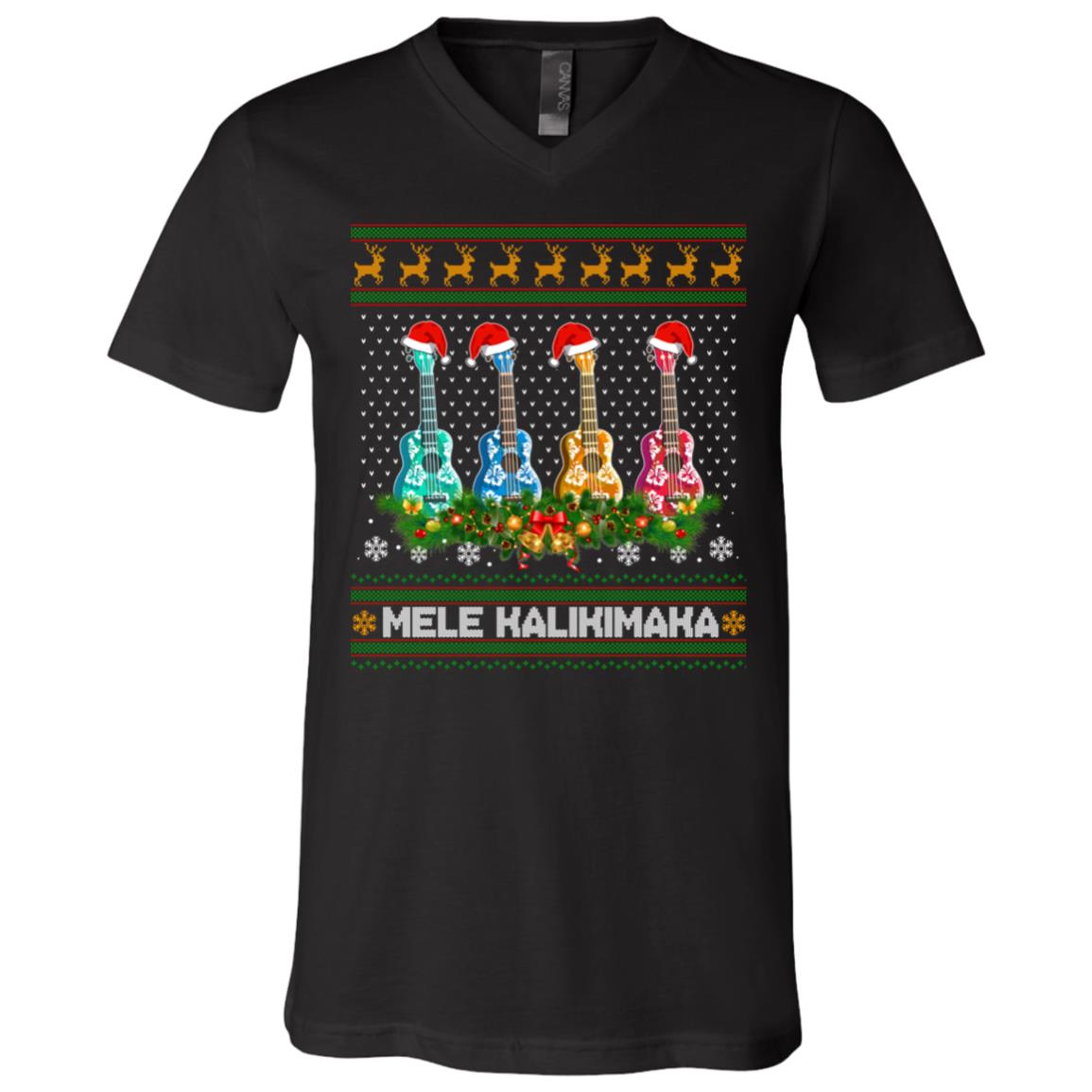 Mele Kalikimaka Ukulele TShirt, Black, V-Neck T-Shirt