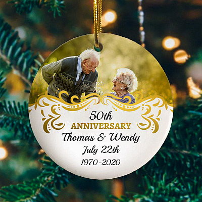 Personalized Photo Wedding Anniversary Circle Ornament - Custom Image Couples Wedding Gift
