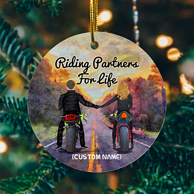 Personalized Riding Partners For Life Motorcycle Husband and Wife Circle Ornament