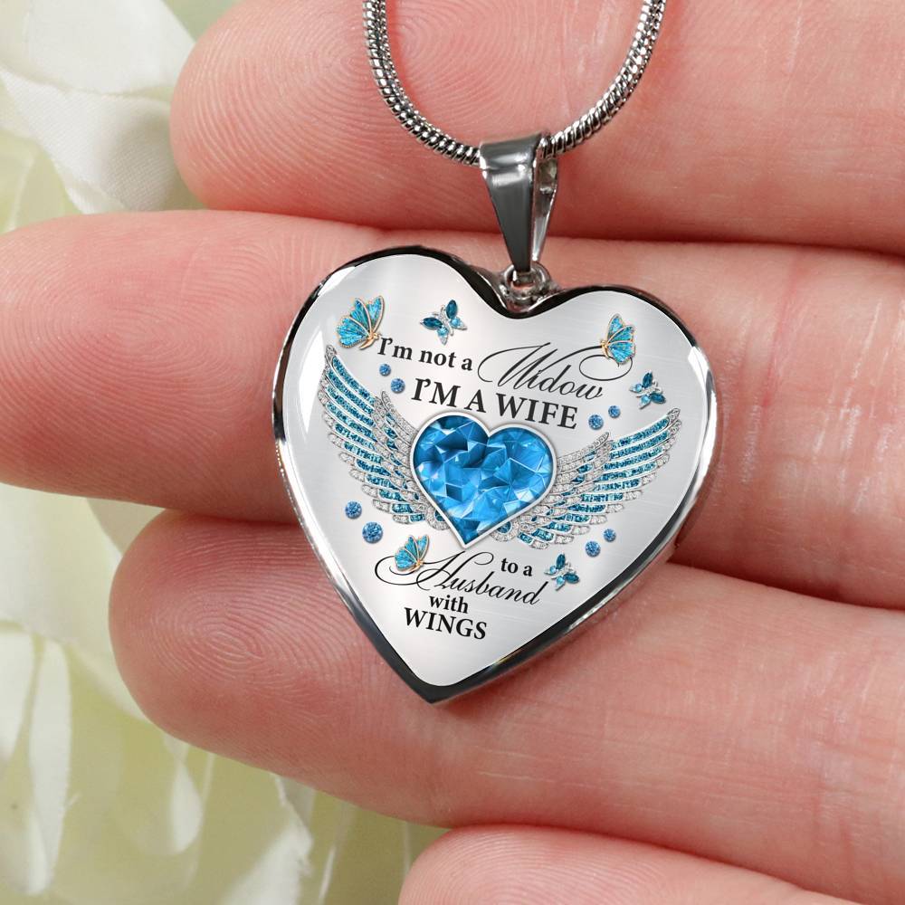 I'm Not A Widow I'm A Wife To A Husband With Butterfly Wings Heart Necklace - In Memory Of Husband Necklace - Heart Luxury Necklace (Silver)