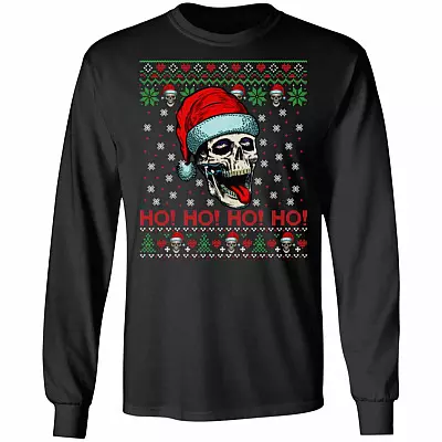 Skull With Santa Hat Ho Ho Ho, Black, Long Sleeve