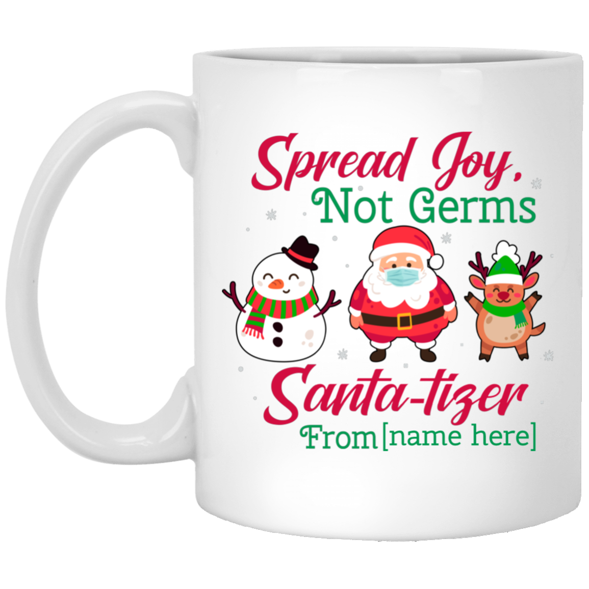 Personalized Santatizer Spread Joy Not Germs Christmas Ceramic Coffee Mug - Beer Stein - Water Bottle, White, 11 oz. White Mug
