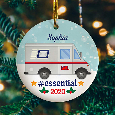 Personalized Mail Postal Worker Essential in Pandemic 2020 Christmas Flat Holiday Circle Ornament Keepsake