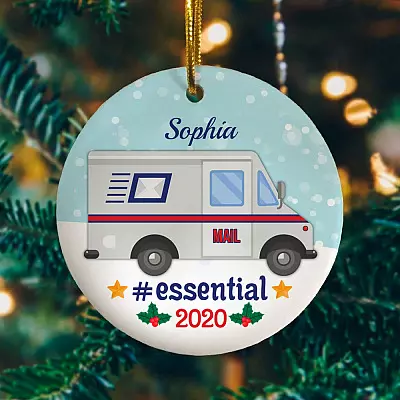 Personalized Mail Postal Worker Essential in Pandemic 2020 Christmas Flat Holiday Circle Ornament Keepsake