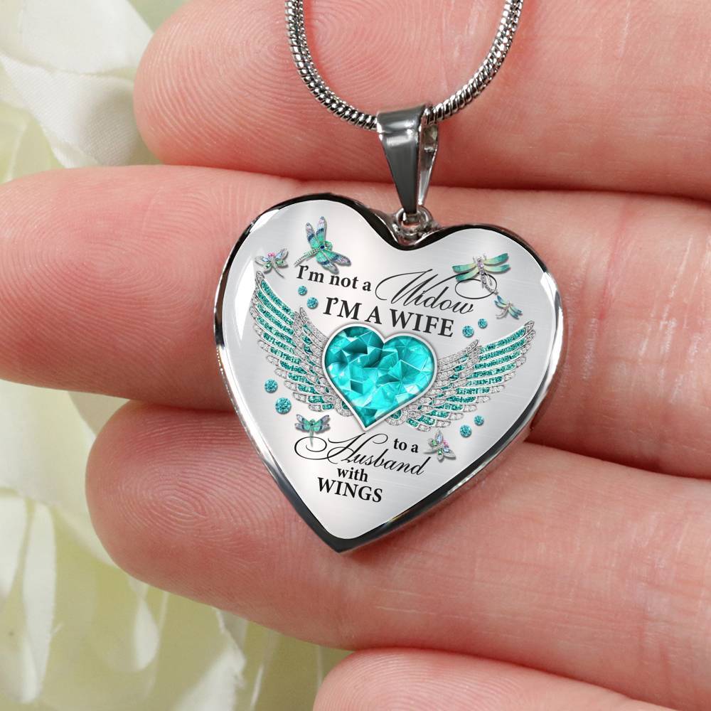 I'm Not A Widow I'm A Wife To A Husband With Dragonfly Wings Heart Necklace - In Memory Of Husband Necklace - Heart Luxury Necklace (Silver)