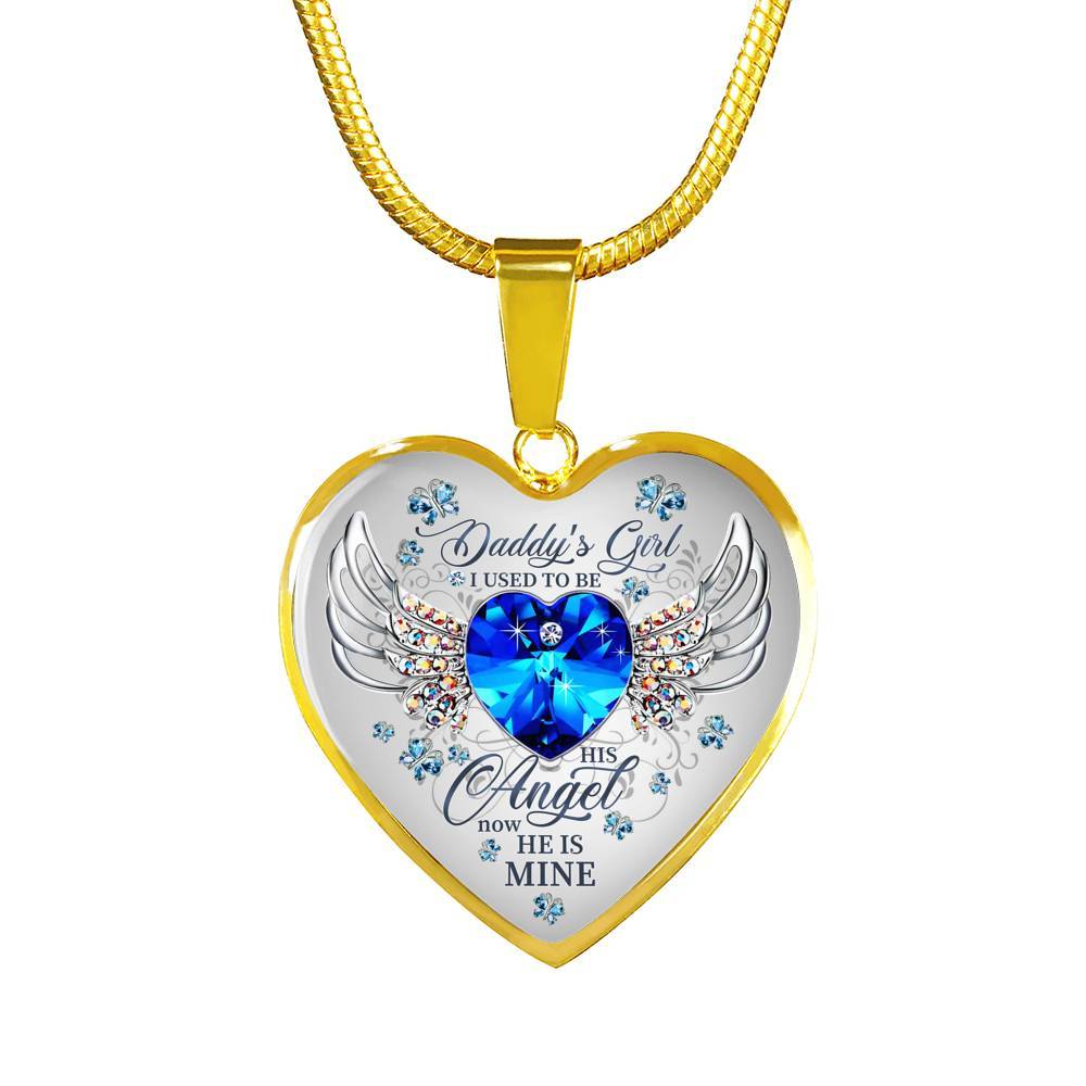 Daddy's Girl I Used To Be His Angel Now He Is Mine Butterfly Luxury Heart Pendant Necklace - Dad Memorial Gifts - Heart Luxury Necklace (Gold Plated)