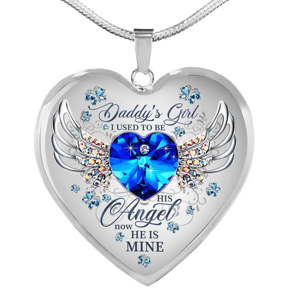 Daddy's Girl I Used To Be His Angel Now He Is Mine Butterfly Luxury Heart Pendant Necklace - Dad Memorial Gifts - Heart Luxury Necklace (Silver)