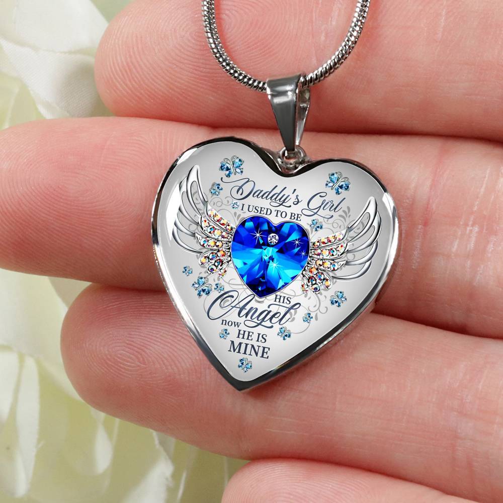 Daddy's Girl I Used To Be His Angel Now He Is Mine Butterfly Luxury Heart Pendant Necklace - Dad Memorial Gifts - Heart Luxury Necklace (Silver)