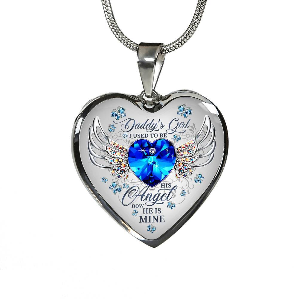 Daddy's Girl I Used To Be His Angel Now He Is Mine Butterfly Luxury Heart Pendant Necklace - Dad Memorial Gifts - Heart Luxury Necklace (Silver)