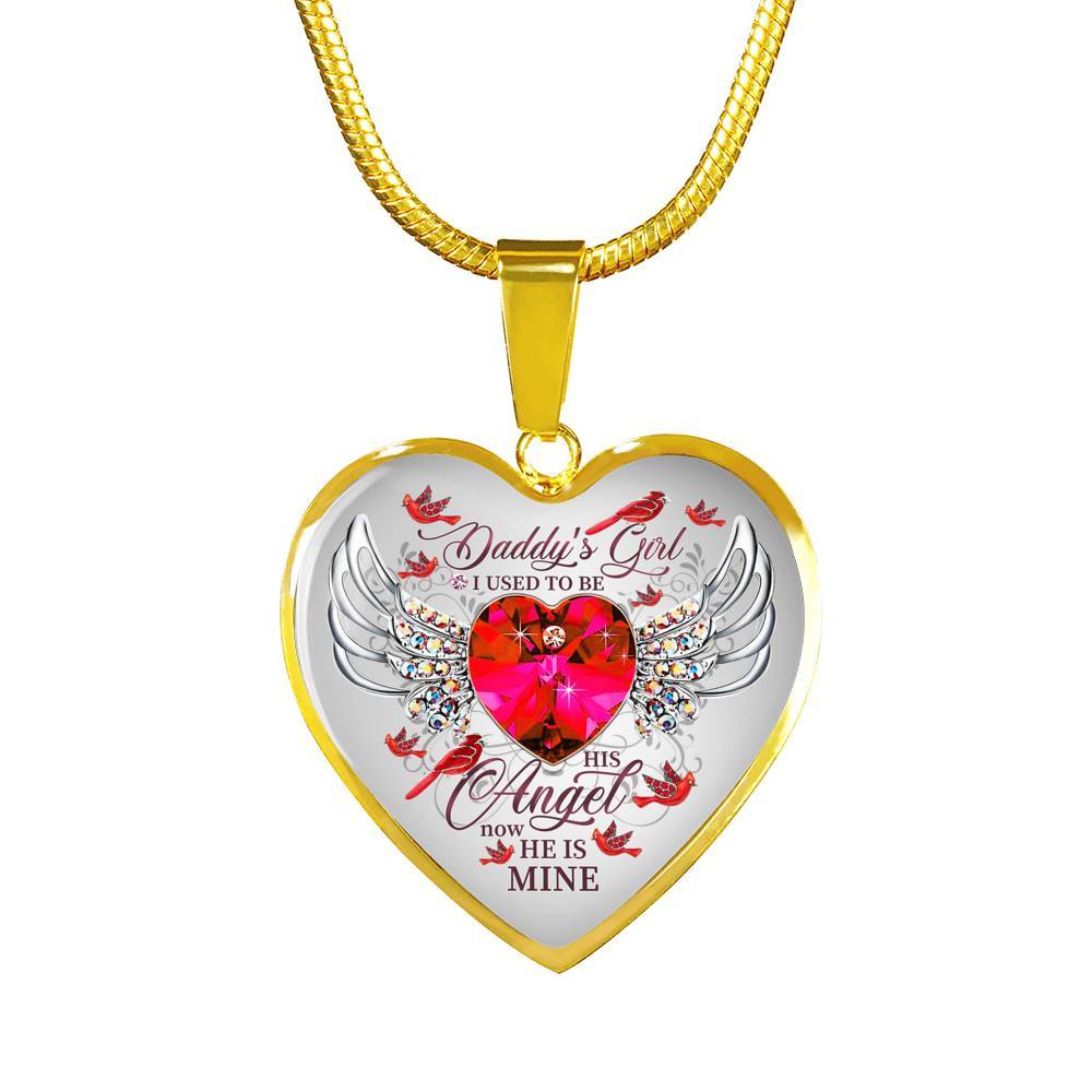 Daddy's Girl I Used To Be His Angel Now He Is Mine Cardinal Luxury Heart Pendant Necklace - Dad Memorial Gifts - Heart Luxury Necklace (Gold Plated)