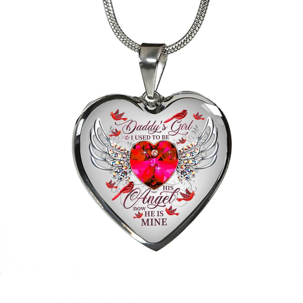 Daddy's Girl I Used To Be His Angel Now He Is Mine Cardinal Luxury Heart Pendant Necklace - Dad Memorial Gifts - Heart Luxury Necklace (Silver)