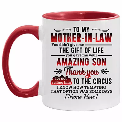 Personalized To My Mother in Law, White/Red, 11 oz. Accent Mug