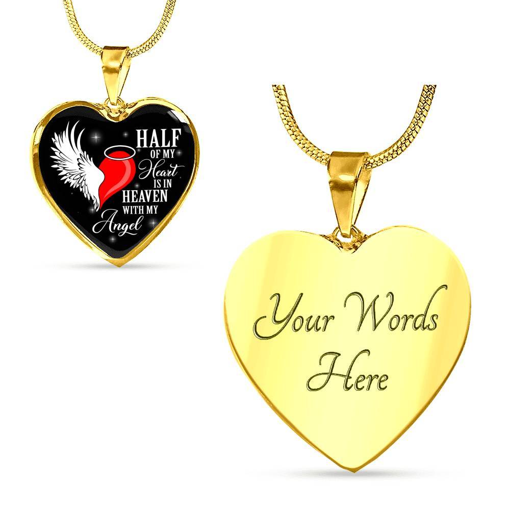 Half Of My Heart Is In Heaven With My Angel Wings Heart Pendant Necklace - Memorial Gift - Heart Luxury Necklace (Gold Plated)
