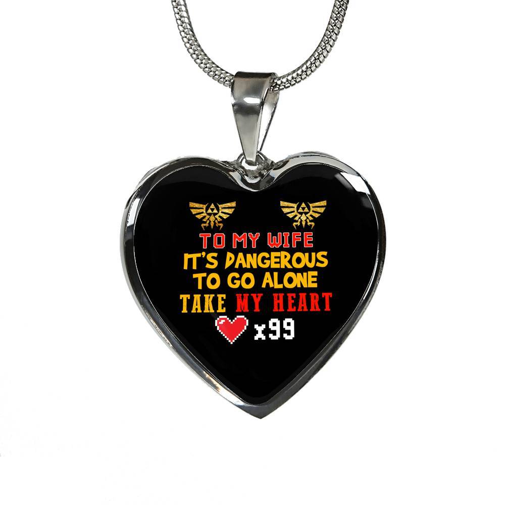 To My Wife It's Dangerous to Go Alone Take My Heart - Wife Necklace from Husband Heart Pendant Necklace - Heart Luxury Necklace (Silver)