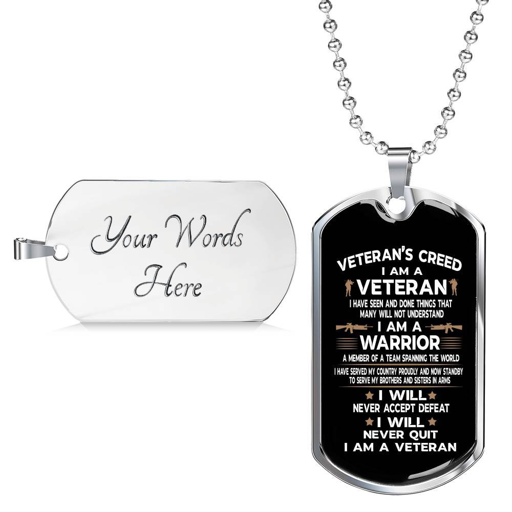 Veteran's Creed I Am A Veteran Dog Tag Pendant Necklace - Military Dog Tags - United States Army Dog Tags - Dog Tag (Silver)