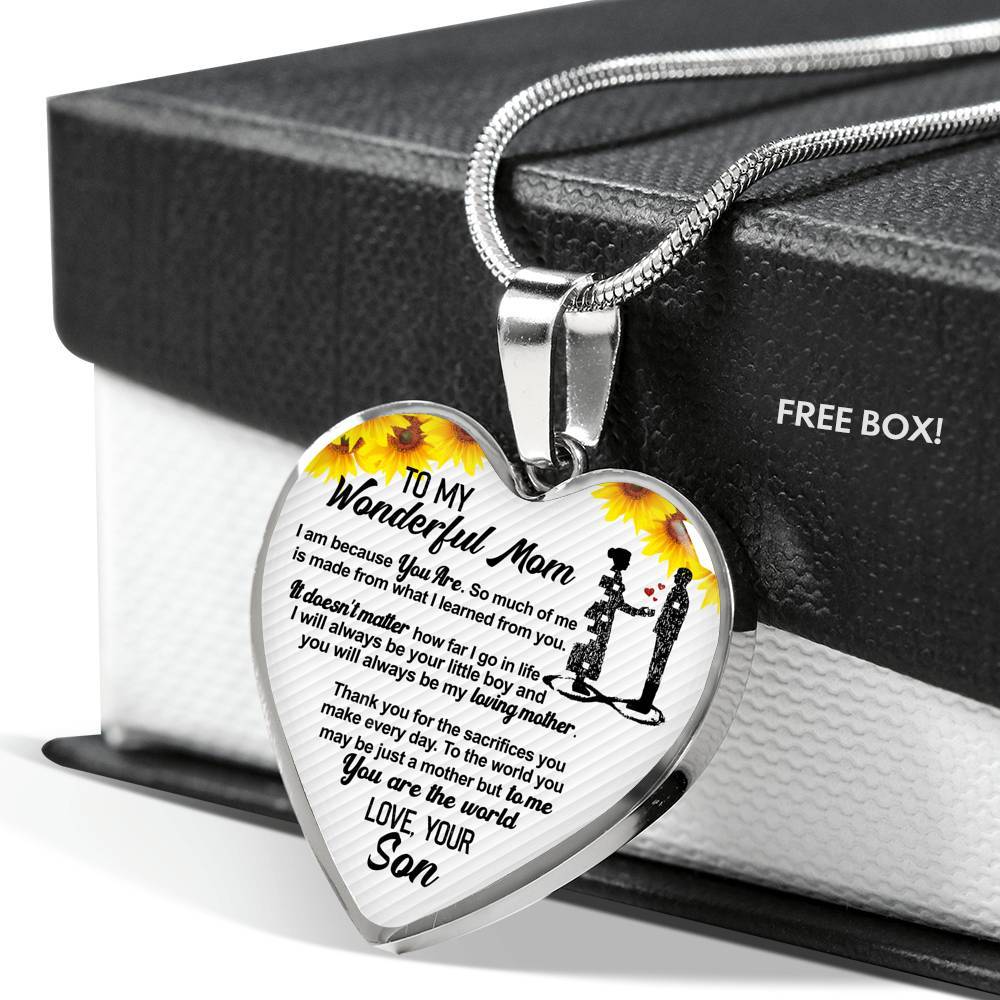 From Son To My Wonderful Mom I Am Because You Are So Much Of Me Sunflower Luxury Heart Pendant Necklace - Heart Luxury Necklace (Silver)