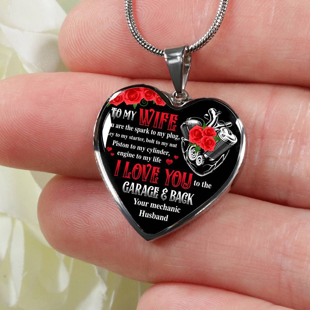 To My Wife You Are The Spark To My Plug Key To My Starter Bolt To My Nut Mechanic Husband Heart Pendant Necklace - Heart Luxury Necklace (Silver)