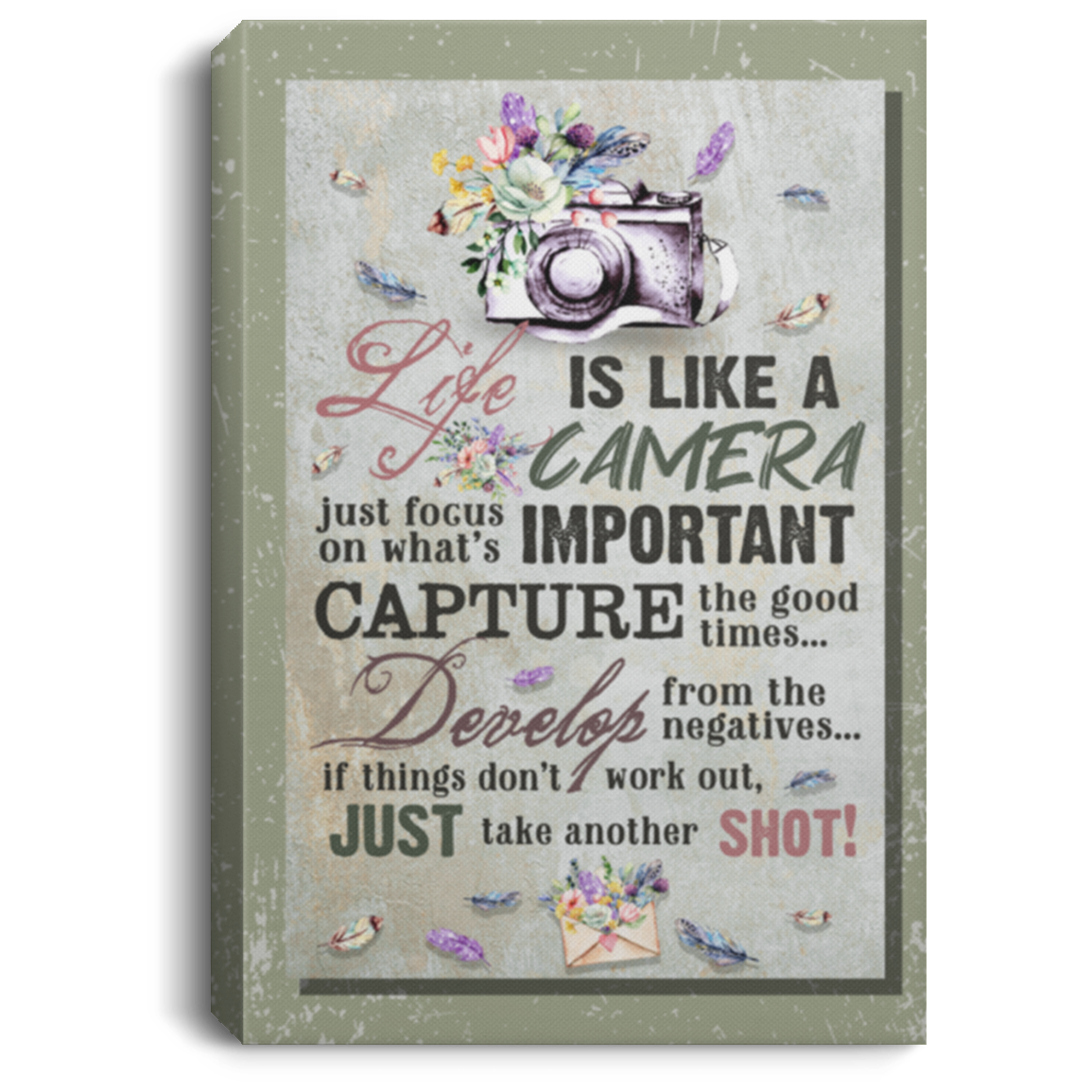 Life Is Like a Camera Just Focus on What's Important Vintage Gallery Wrapped Framed Canvas Prints - Unframed Poster, White, 0.75'' Framed Canvas
