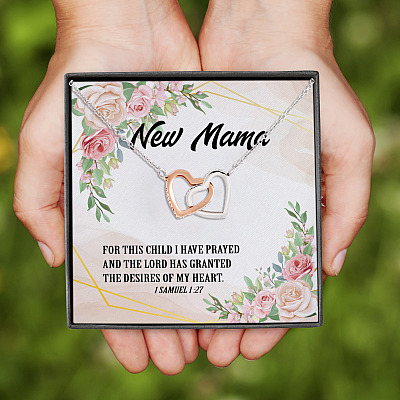 New Mama for This Child I Have Prayed Samuel 1 27 Baby Announcement Gift Interlocking Heart Pendant Necklace