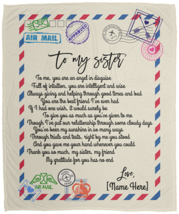 Personalized Letter Airmail To My Sister To Me You Are An Angel In Disguise Fleece Blanket - Sister Gift Mink Sherpa Blanket, White, Cozy Plush Fleece Blanket - 50x60